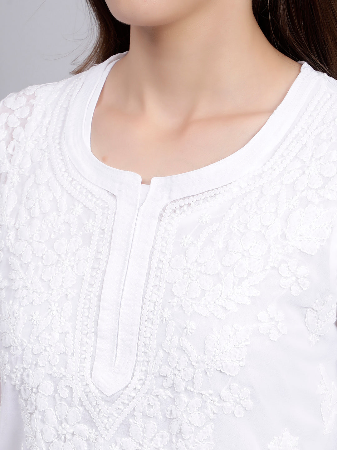 White Georgette Chikankari Tunic Top With Inner Slip