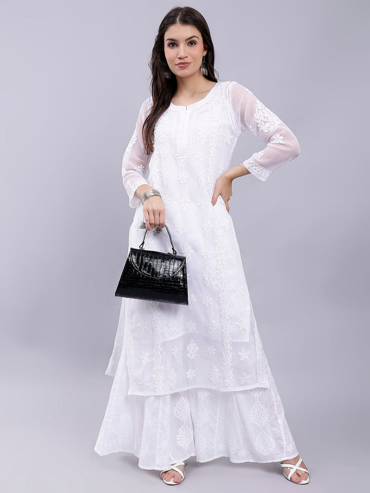 White Georgette Handwoven Chikankari Kurti with Slip