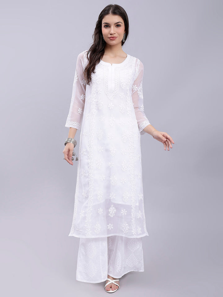 White Georgette Handwoven Chikankari Kurti with Slip