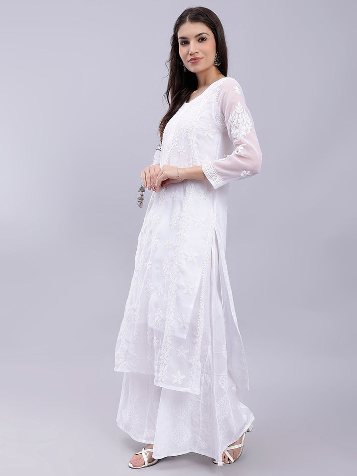 White Georgette Handwoven Chikankari Kurti with Slip