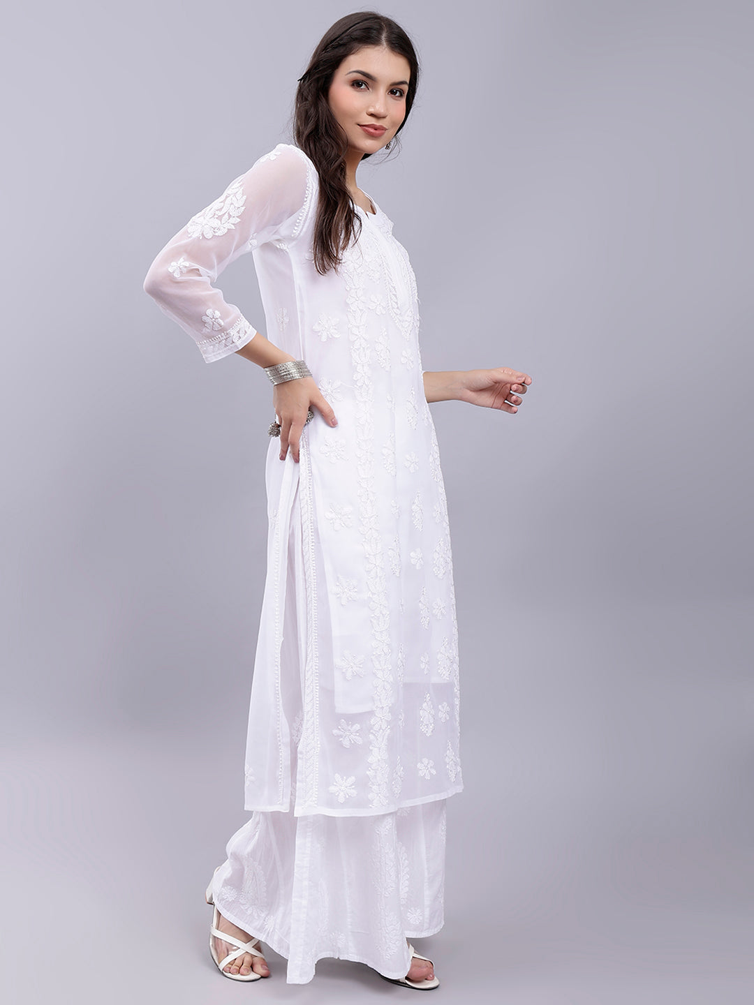 White Georgette Handwoven Chikankari Kurti with Slip