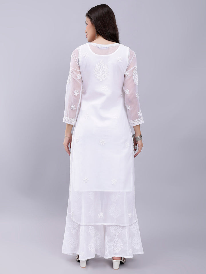 White Georgette Handwoven Chikankari Kurti with Slip