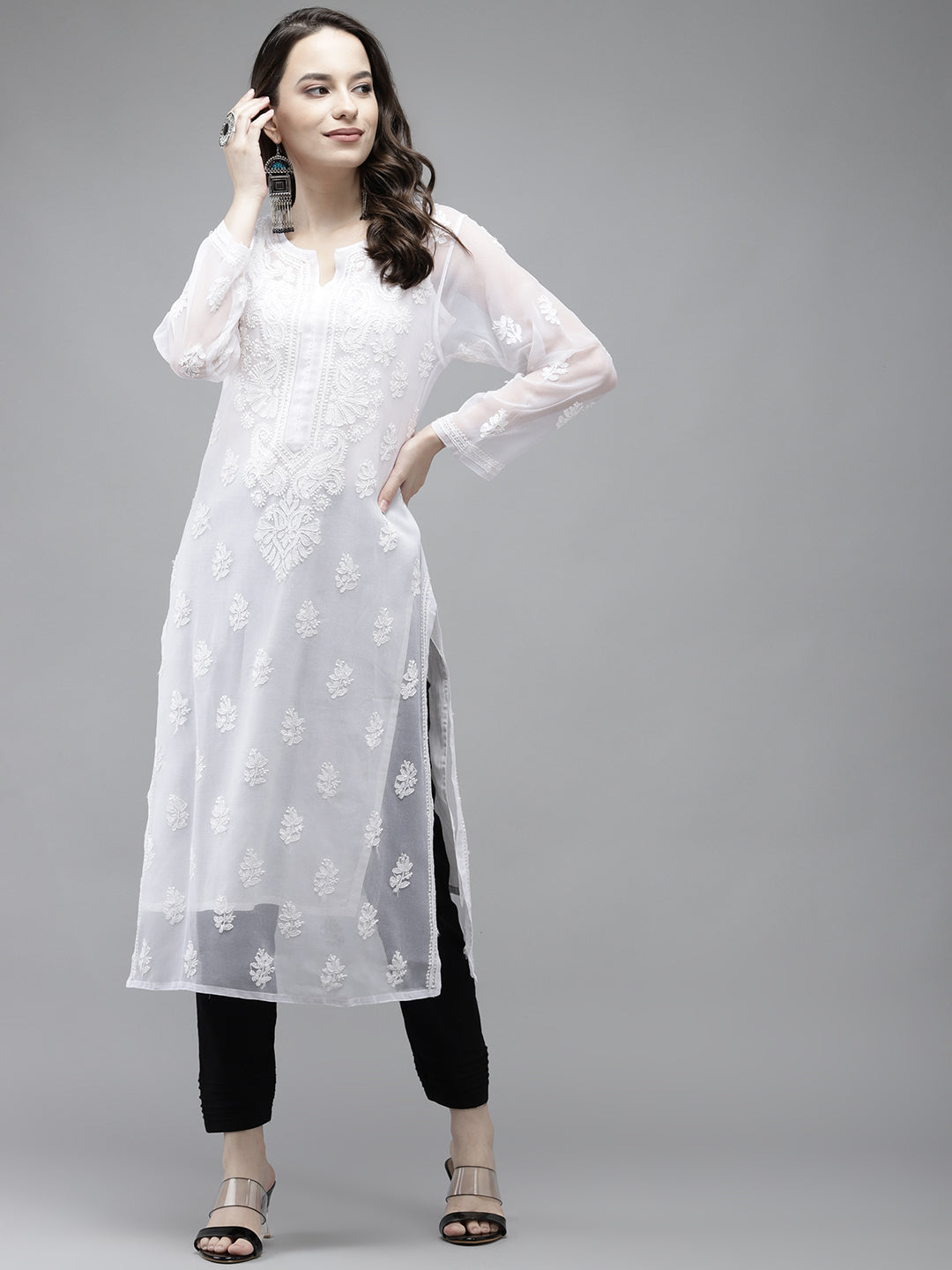 White-Georgette-Lucknow-Chikan-Kurta-Set