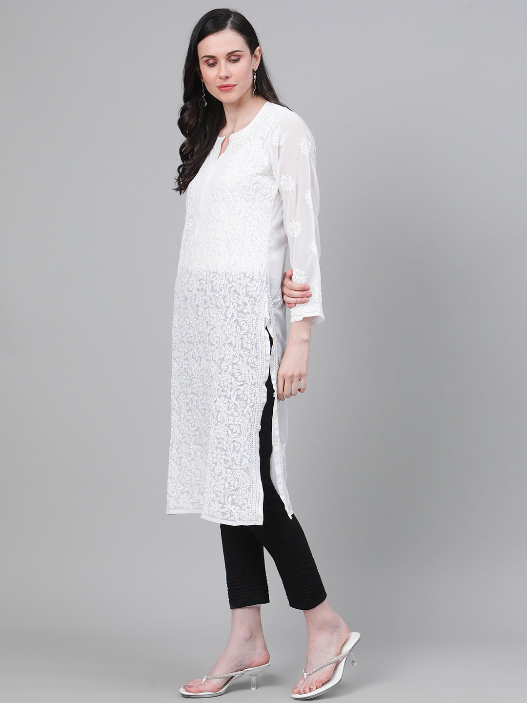White-Georgette-Lucknow-Chikan-Kurta-Set