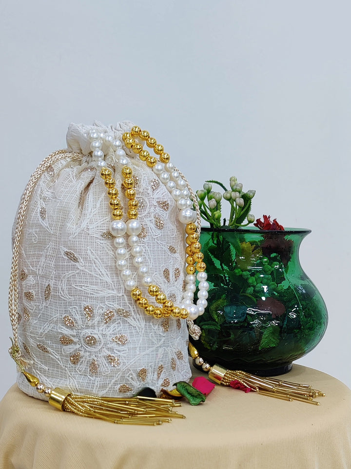 White Kota Chikankari Potli Bag with Tassels