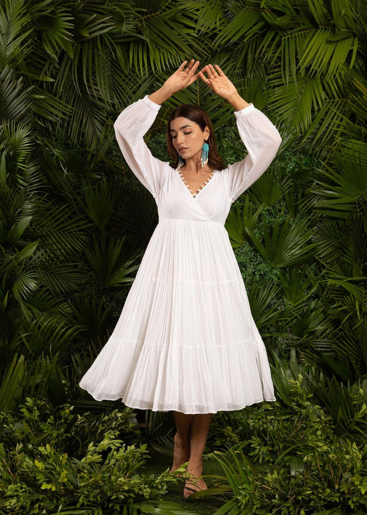 White Loop Detailed Angrakha Styled Midi Dress