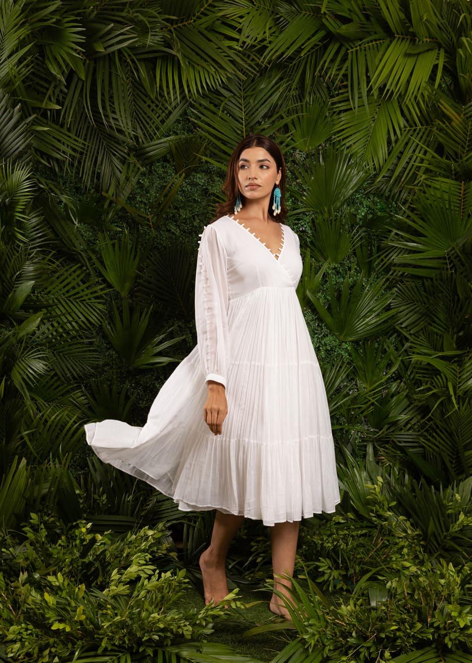 White Loop Detailed Angrakha Styled Midi Dress