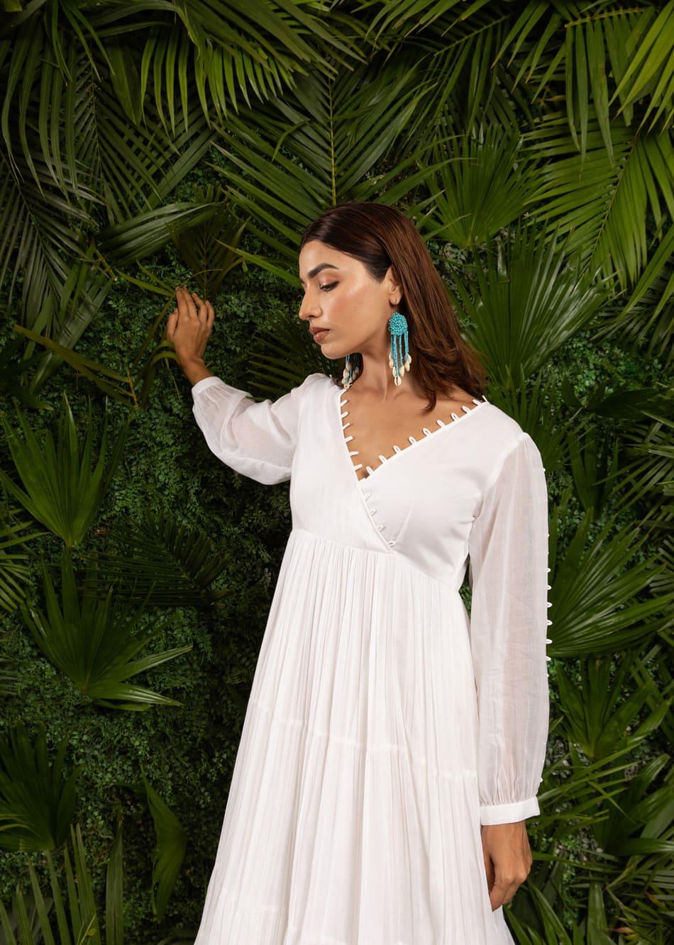 White Loop Detailed Angrakha Styled Midi Dress