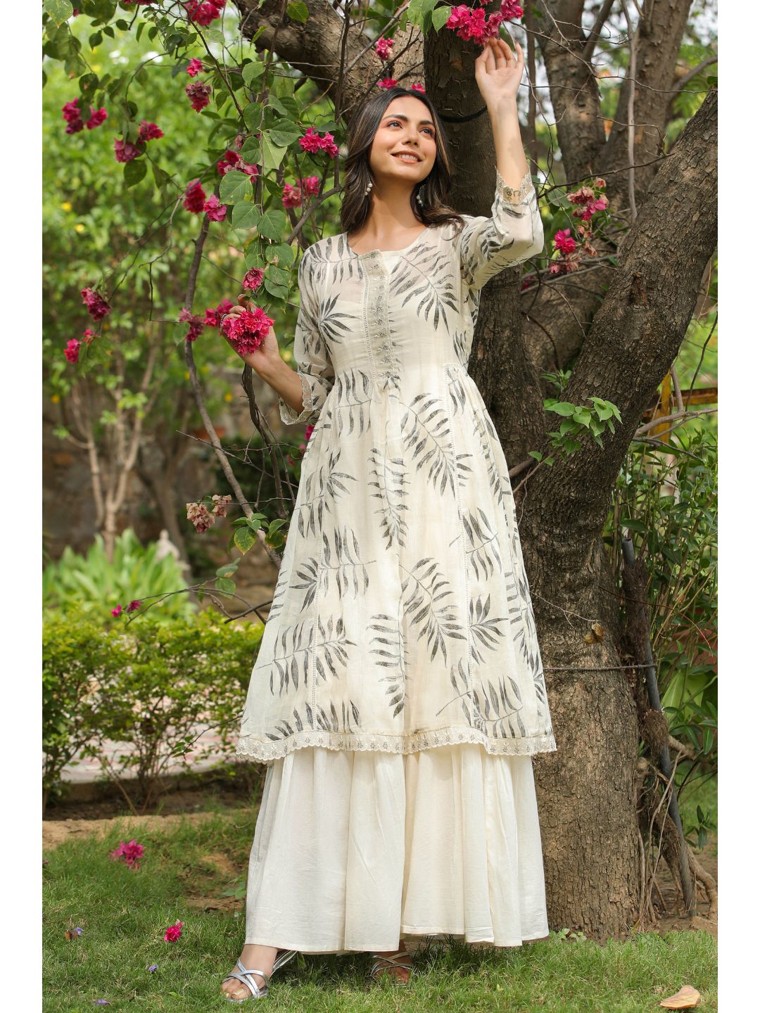 White Magnolia Printed Dress Set with Shrug