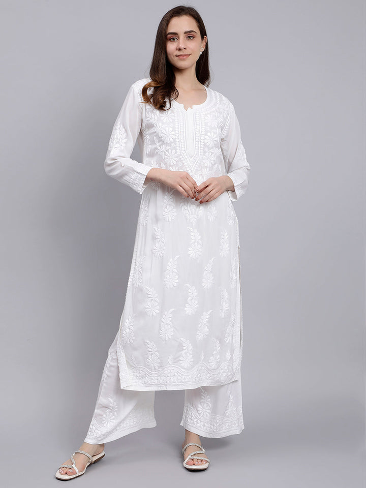 White Modal Cotton Chikankari Kurta With Palazzo Set