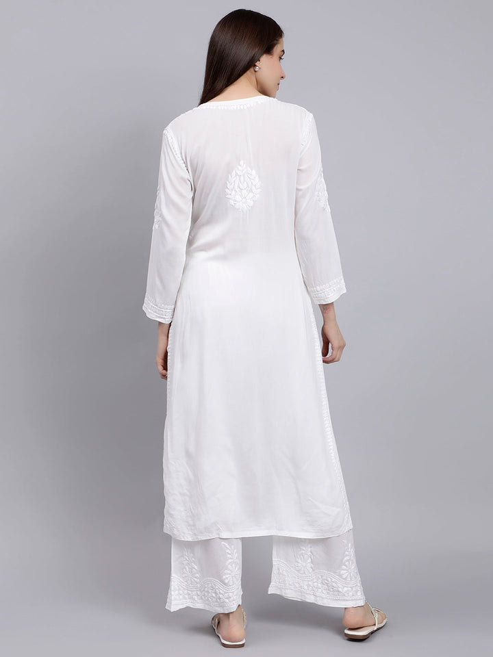 White Modal Cotton Chikankari Kurta With Palazzo Set