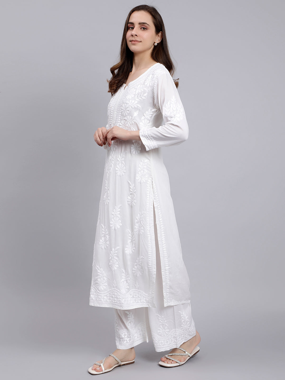 White Modal Cotton Chikankari Kurta With Palazzo Set