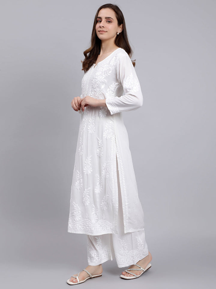 White Modal Cotton Chikankari Kurta With Palazzo Set