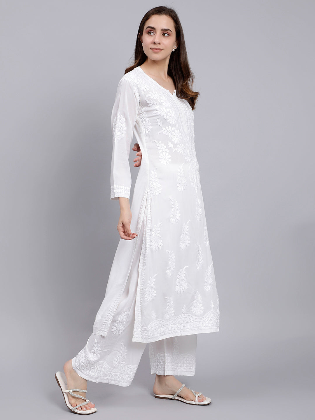 White Modal Cotton Chikankari Kurta With Palazzo Set