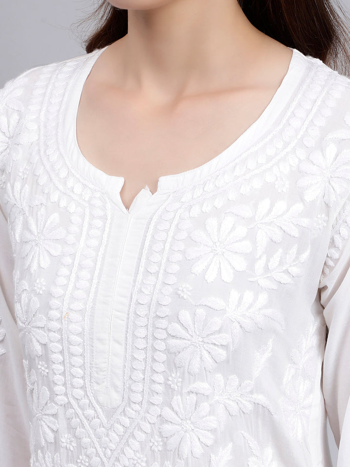 White Modal Cotton Chikankari Kurta With Palazzo Set