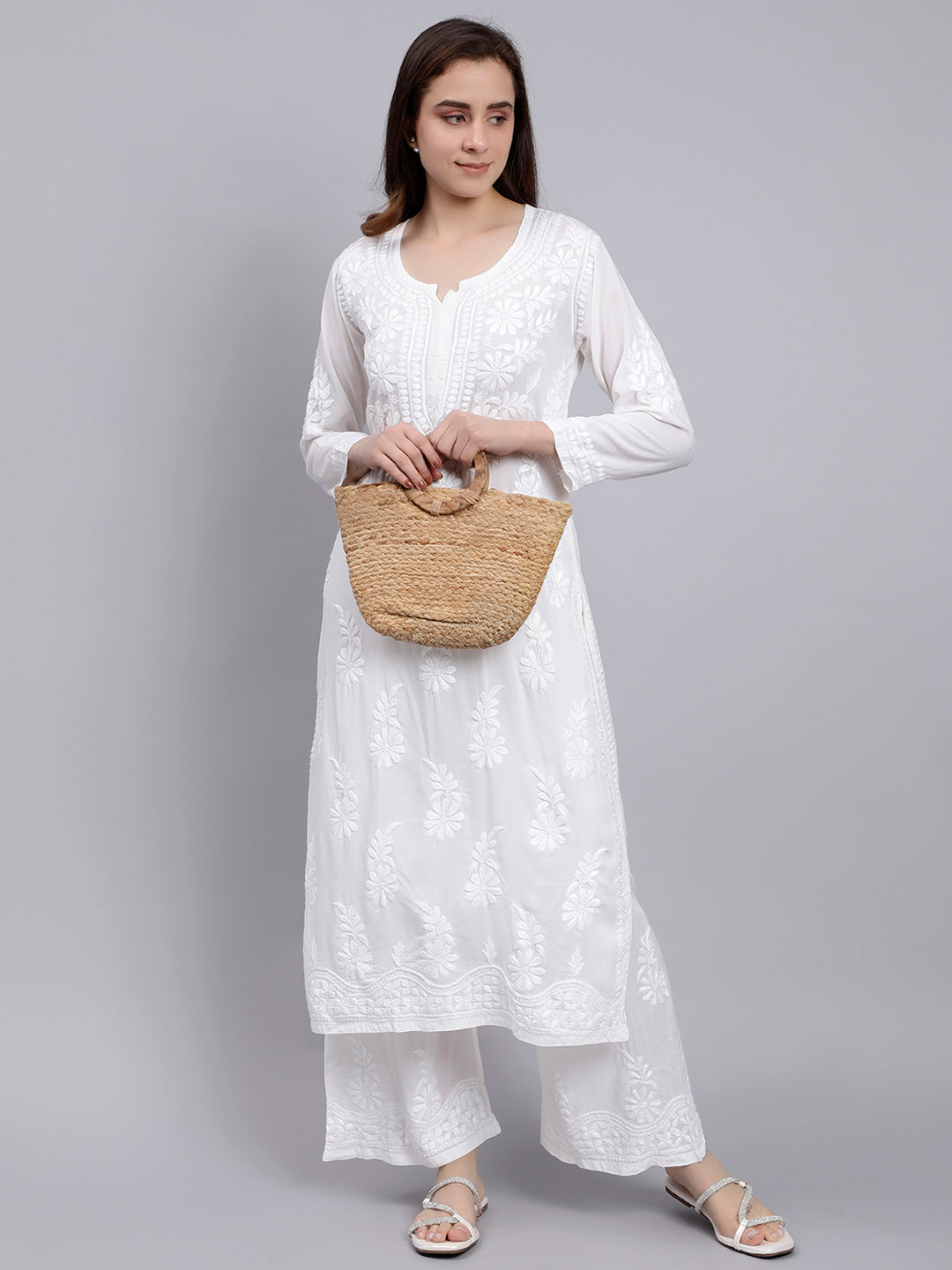 White Modal Cotton Chikankari Kurta With Palazzo Set