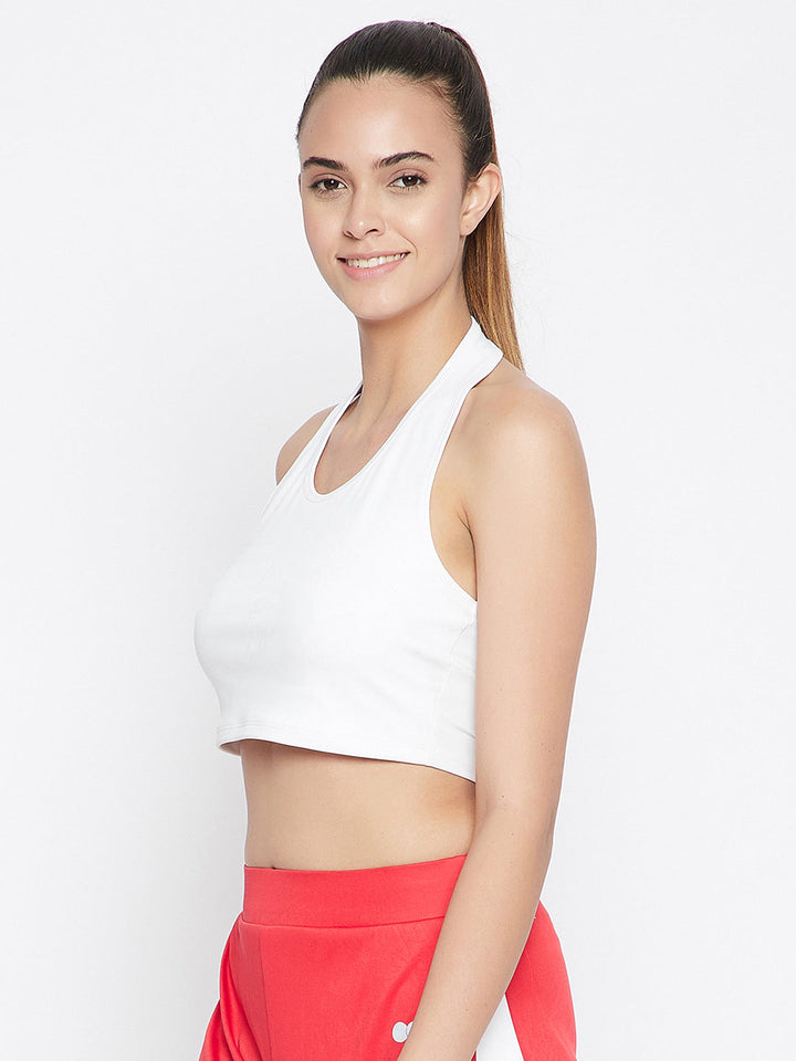 White Padded Active Crop Top With Halter Neck