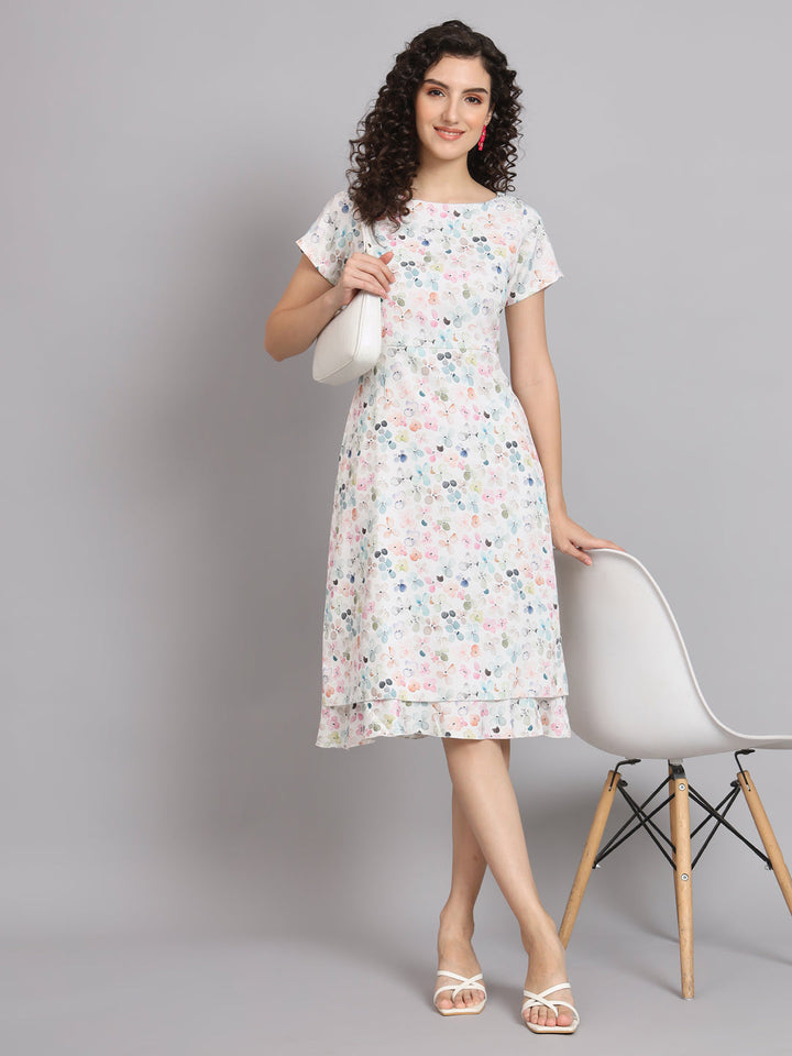 White Polyester Floarl Print Dress