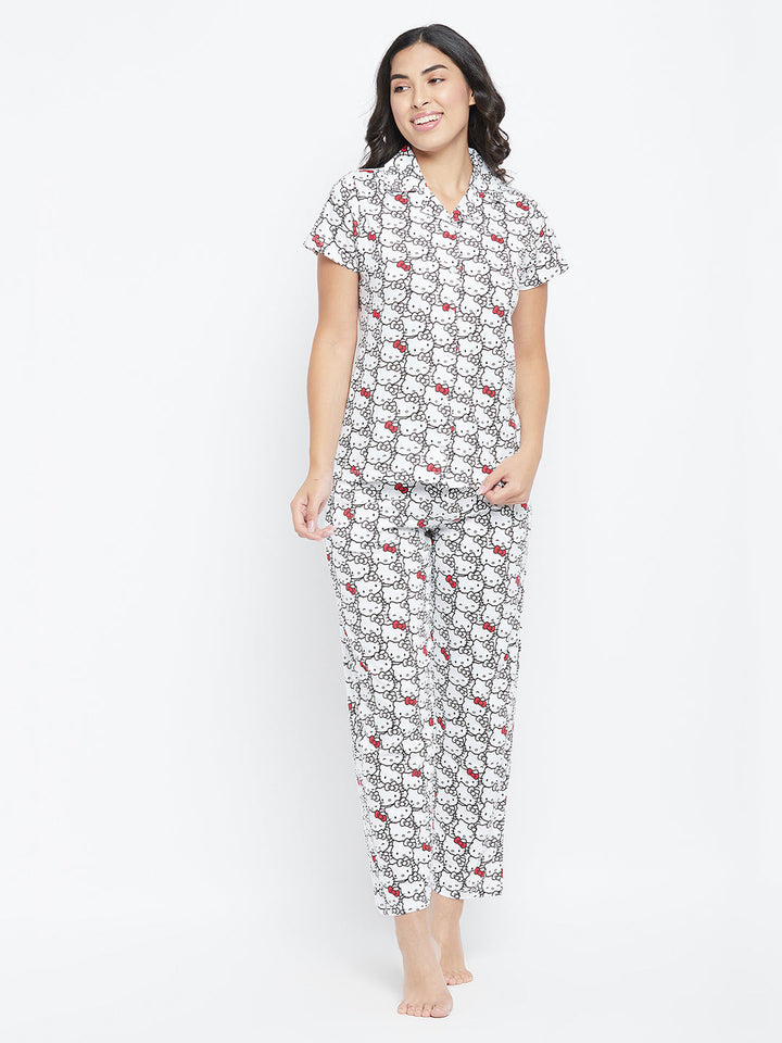 White-Print-Button-Me-Shirt-&-Pyjama-Set