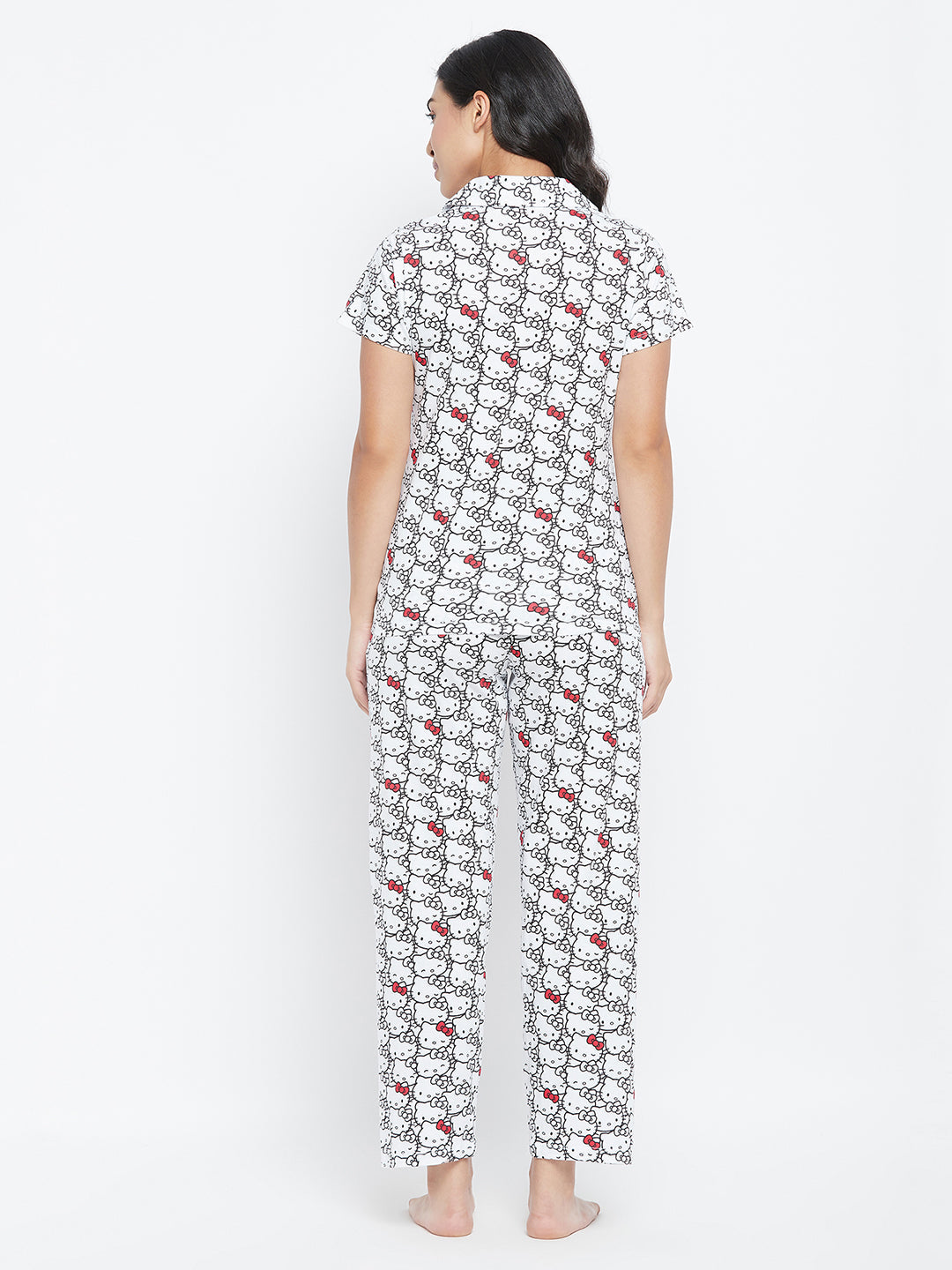 White-Print-Button-Me-Shirt-&-Pyjama-Set