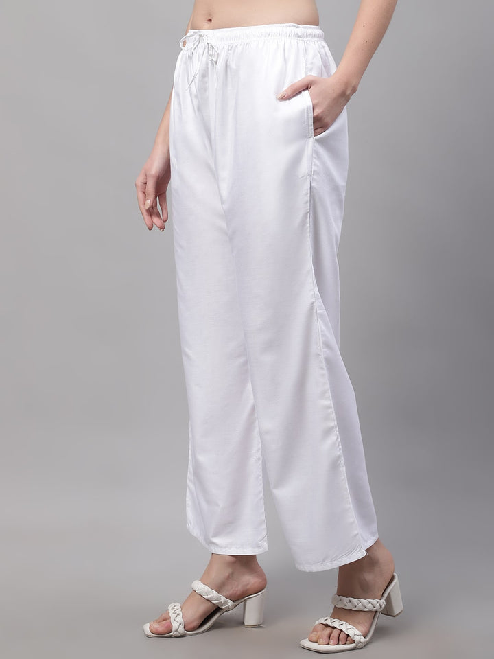 White Rayon Solid Palazzo With Side Pocket