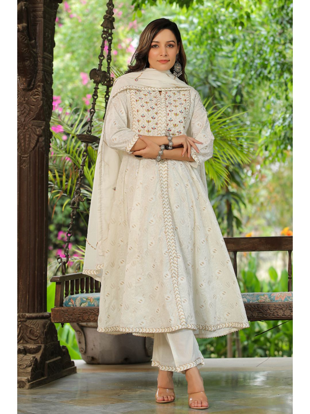 White Rose Printed Cotton Anarkali Suit Set