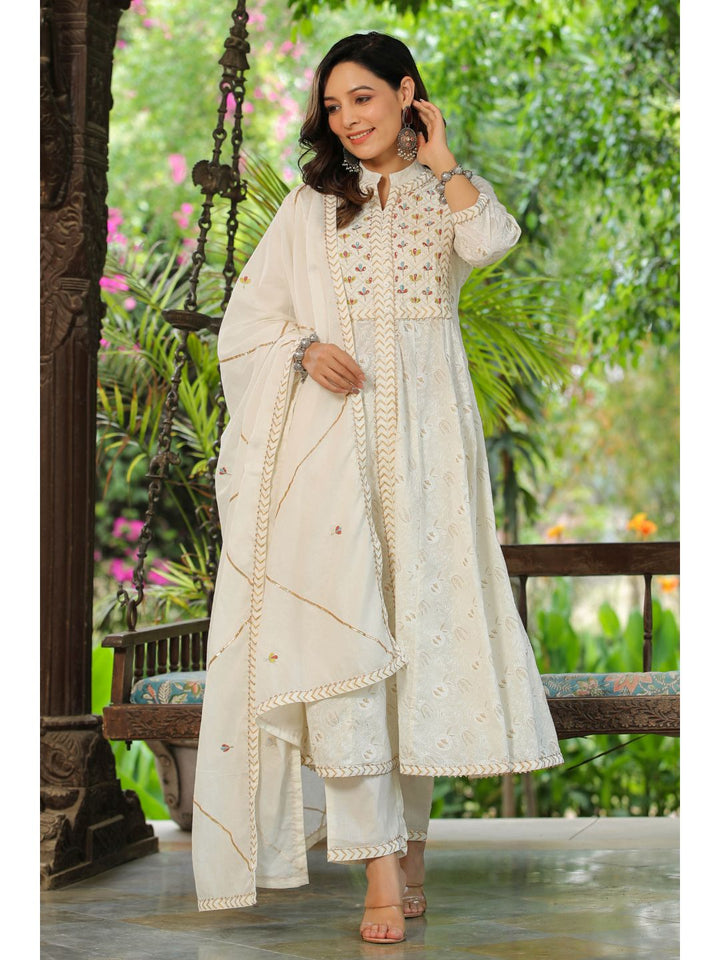 White Rose Printed Cotton Anarkali Suit Set