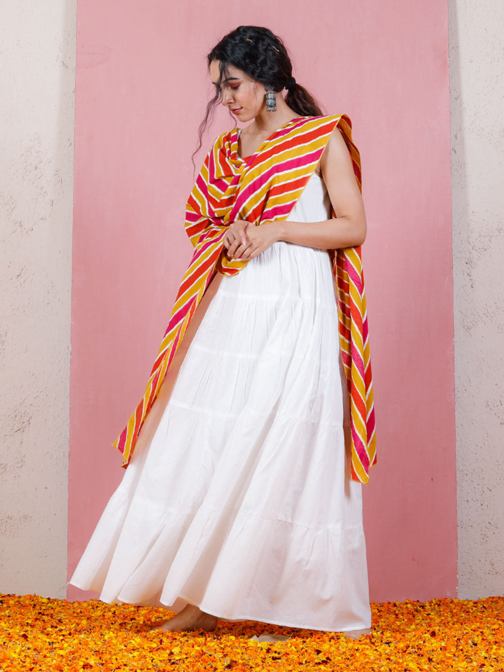 White Tiered Dress With Peach & Pink Dupatta