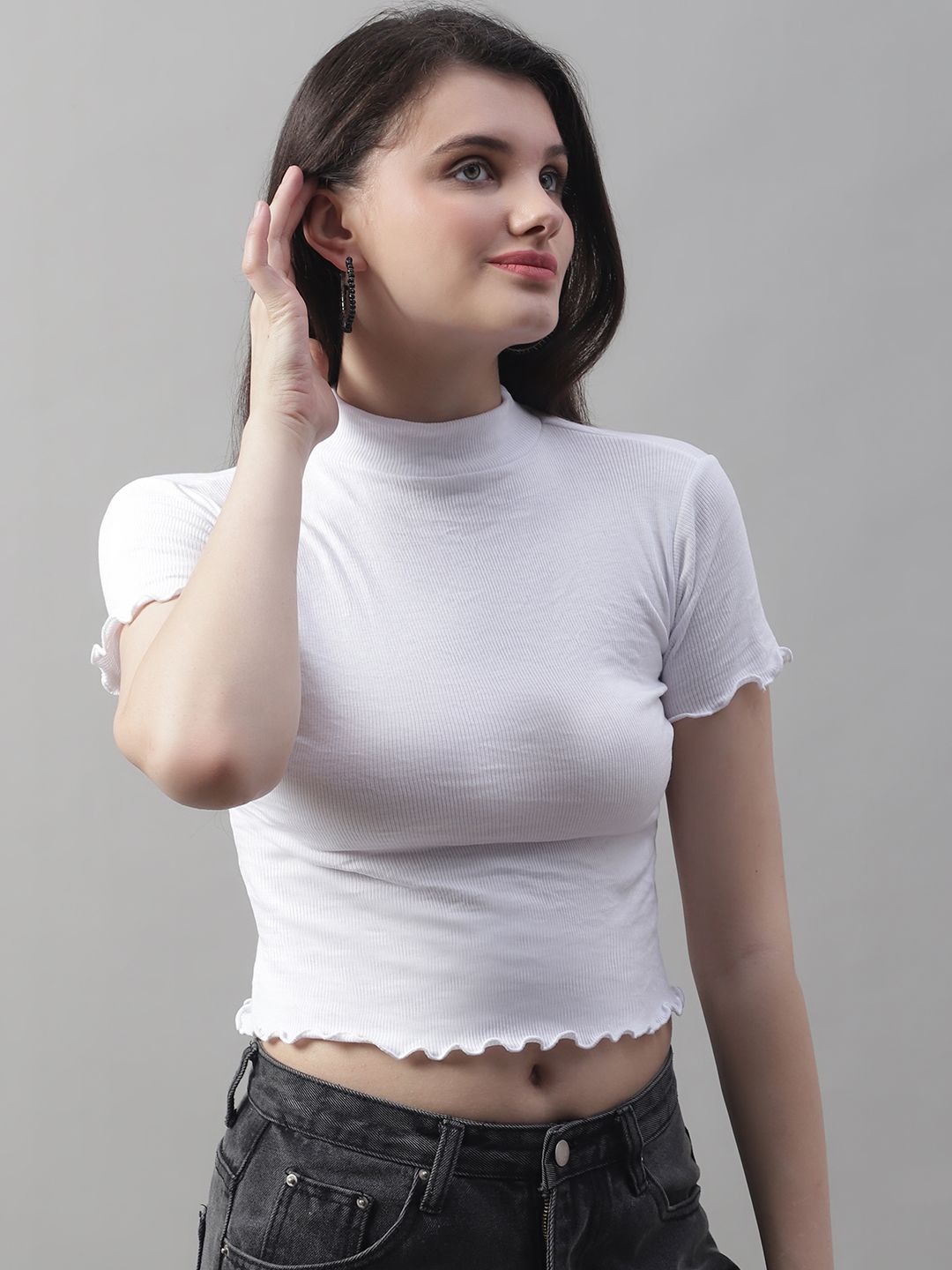 White Turtle-Neck Crop Top with Lettuce Edge