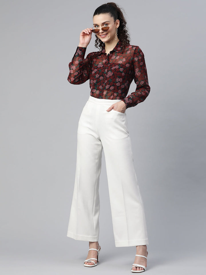White Viscose Comfort Fit Wide Bottom Stretch Trouser