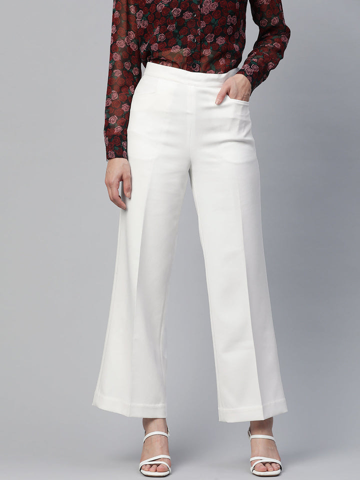 White Viscose Comfort Fit Wide Bottom Stretch Trouser