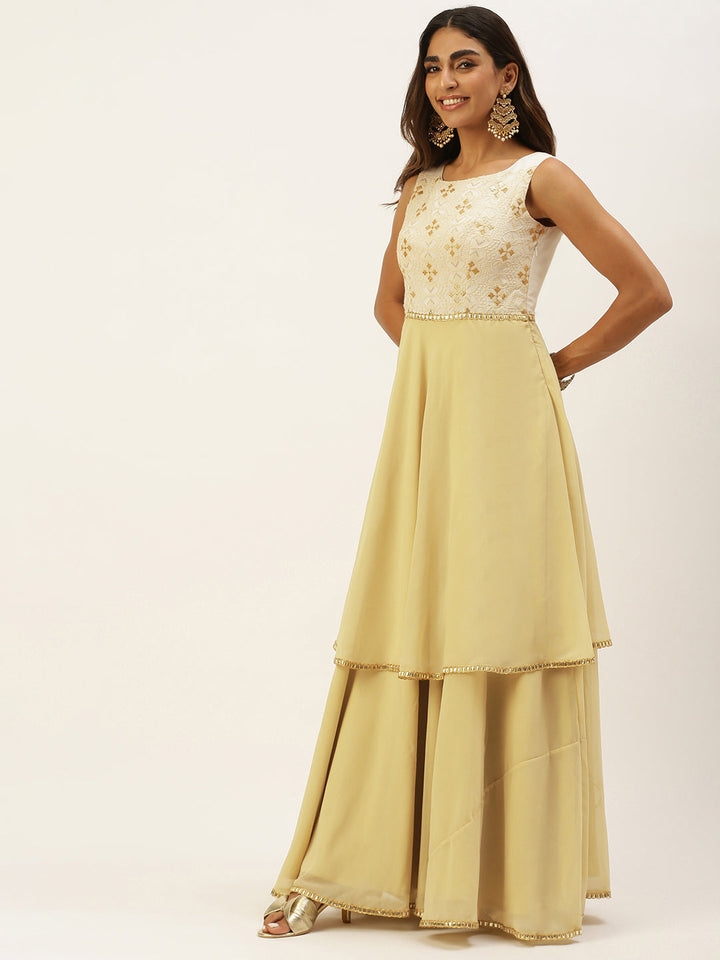 White-&-Beige-Foil-Print-Layered-Gown