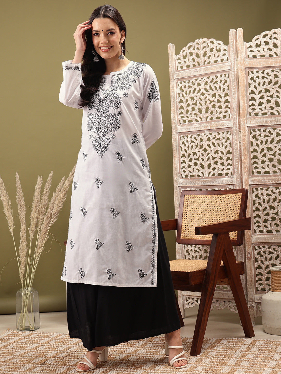 White & Black Embroidered Chikankari Cotton Kurta