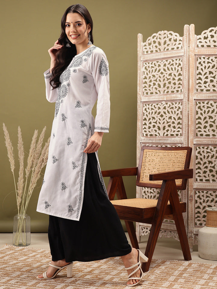 White & Black Embroidered Chikankari Cotton Kurta