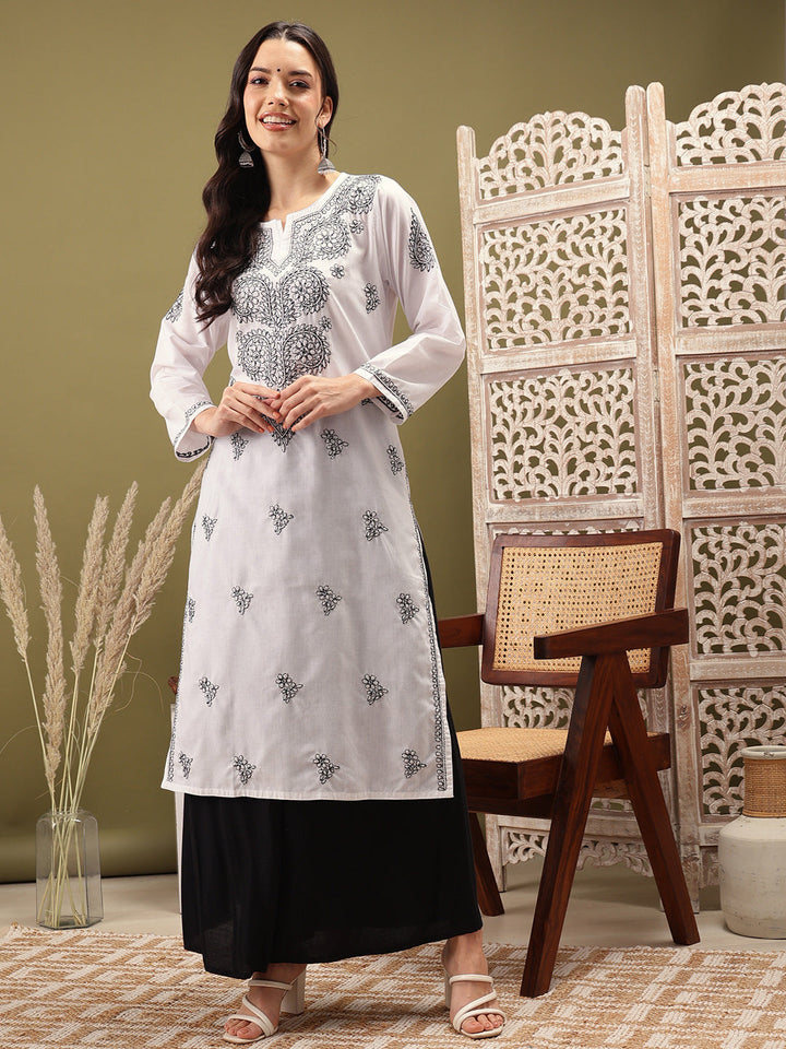 White & Black Embroidered Chikankari Cotton Kurta