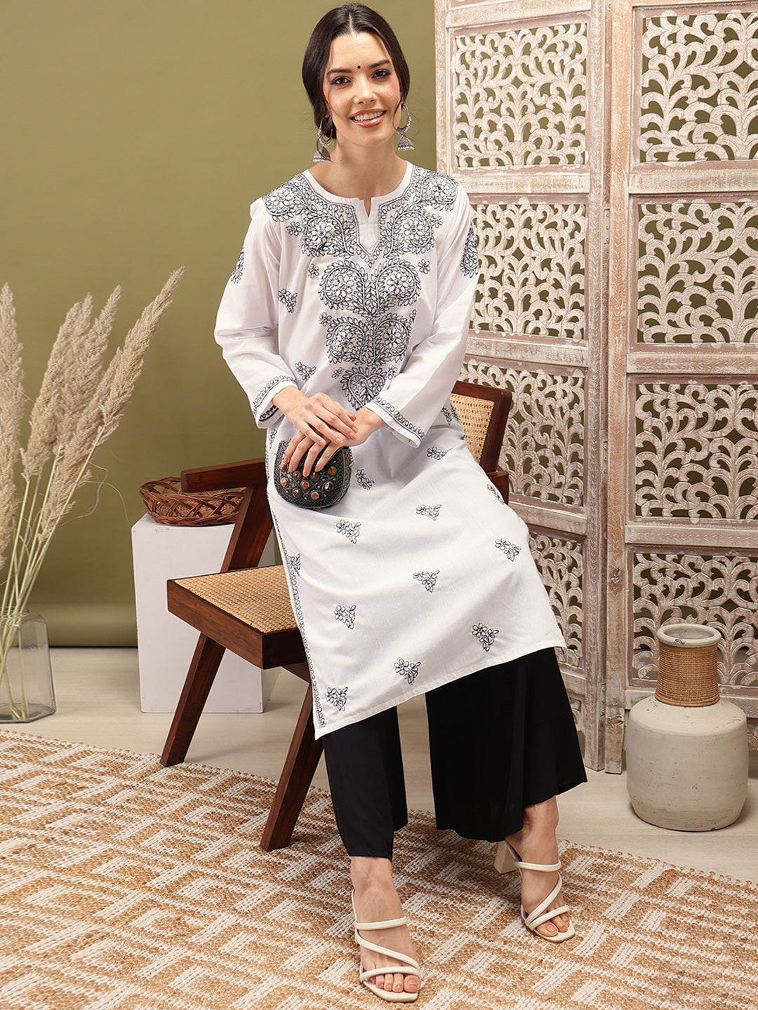 White & Black Embroidered Chikankari Cotton Kurta