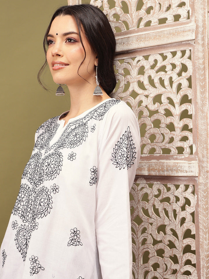 White & Black Embroidered Chikankari Cotton Kurta