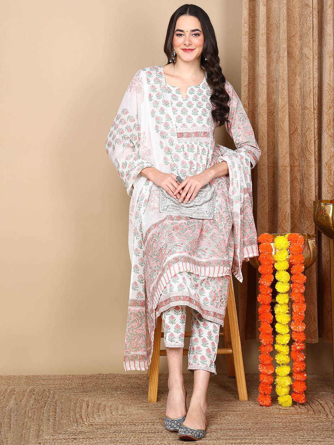 ZERESOUQ-White-Pure-Cotton-Ethnic-Motifs-Printed-Flared-Kurta-Trouser-With-Dupatta