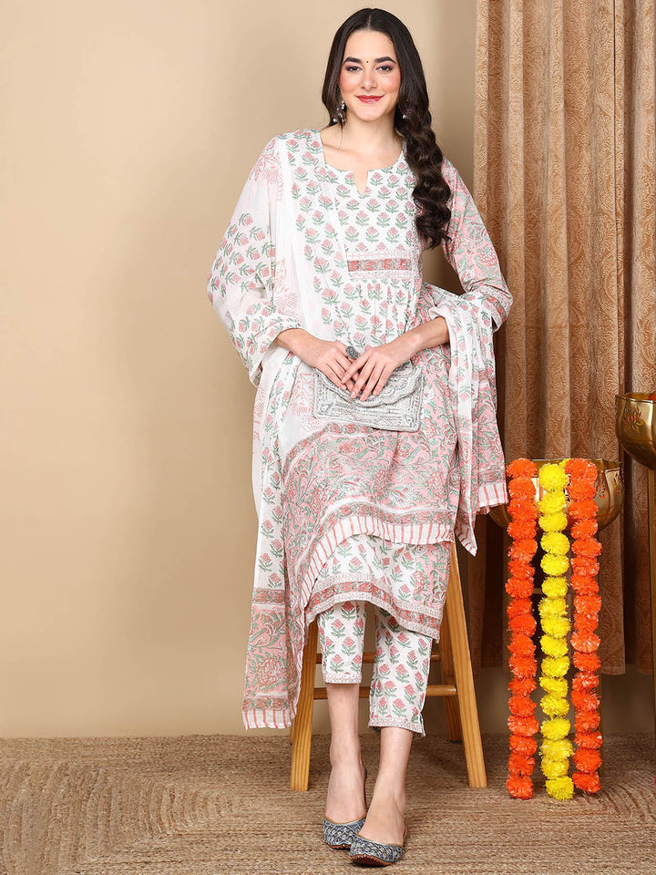 ZERESOUQ-White-Pure-Cotton-Ethnic-Motifs-Printed-Flared-Kurta-Trouser-With-Dupatta