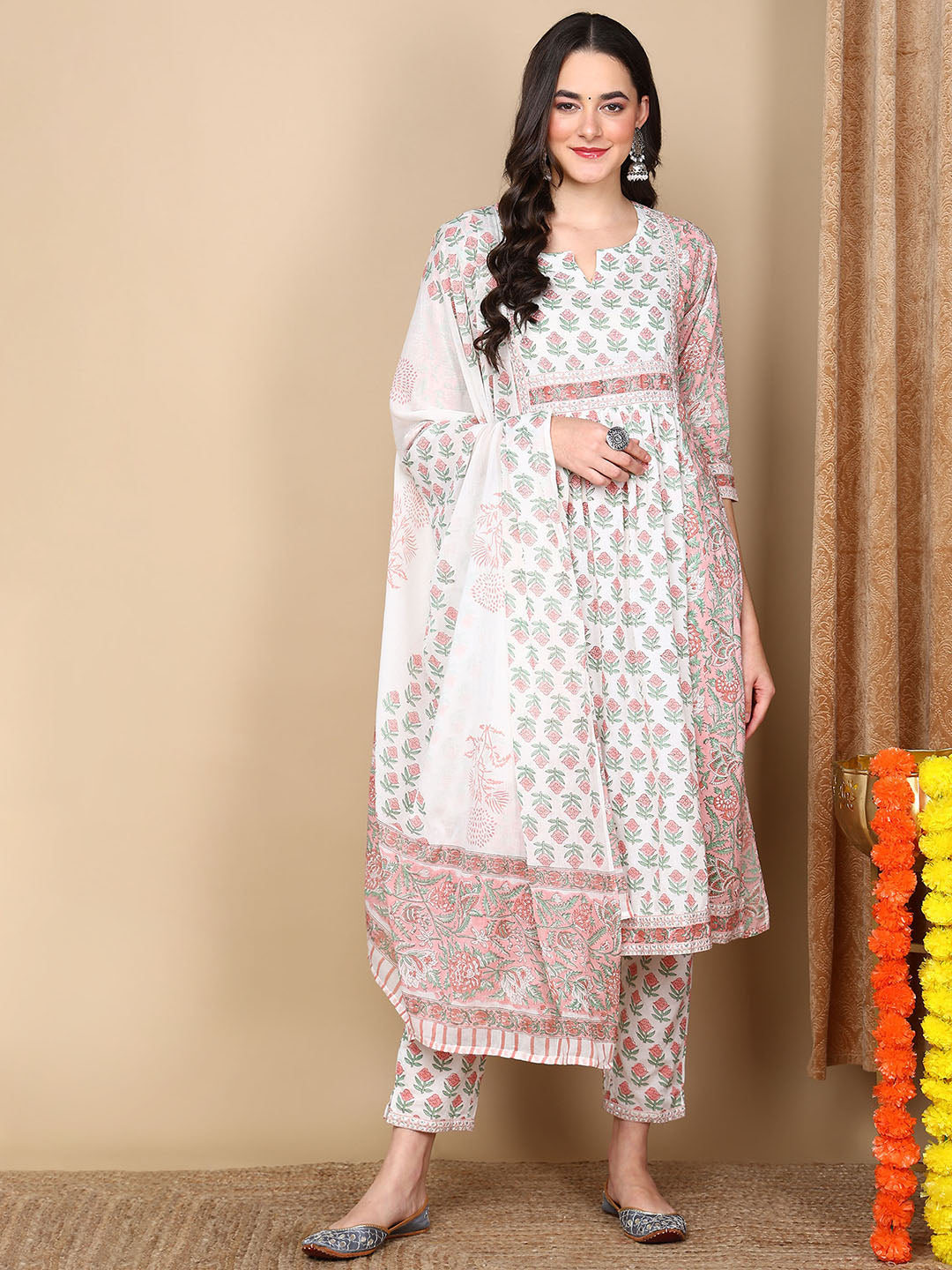 ZERESOUQ-White-Pure-Cotton-Ethnic-Motifs-Printed-Flared-Kurta-Trouser-With-Dupatta