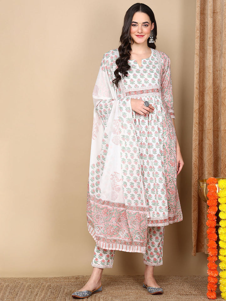 ZERESOUQ-White-Pure-Cotton-Ethnic-Motifs-Printed-Flared-Kurta-Trouser-With-Dupatta