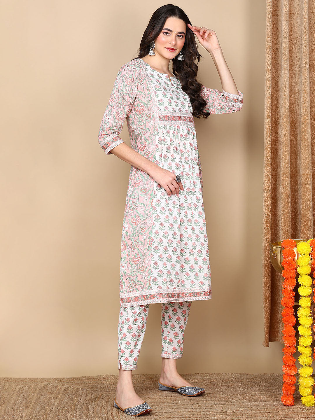 ZERESOUQ-White-Pure-Cotton-Ethnic-Motifs-Printed-Flared-Kurta-Trouser-With-Dupatta