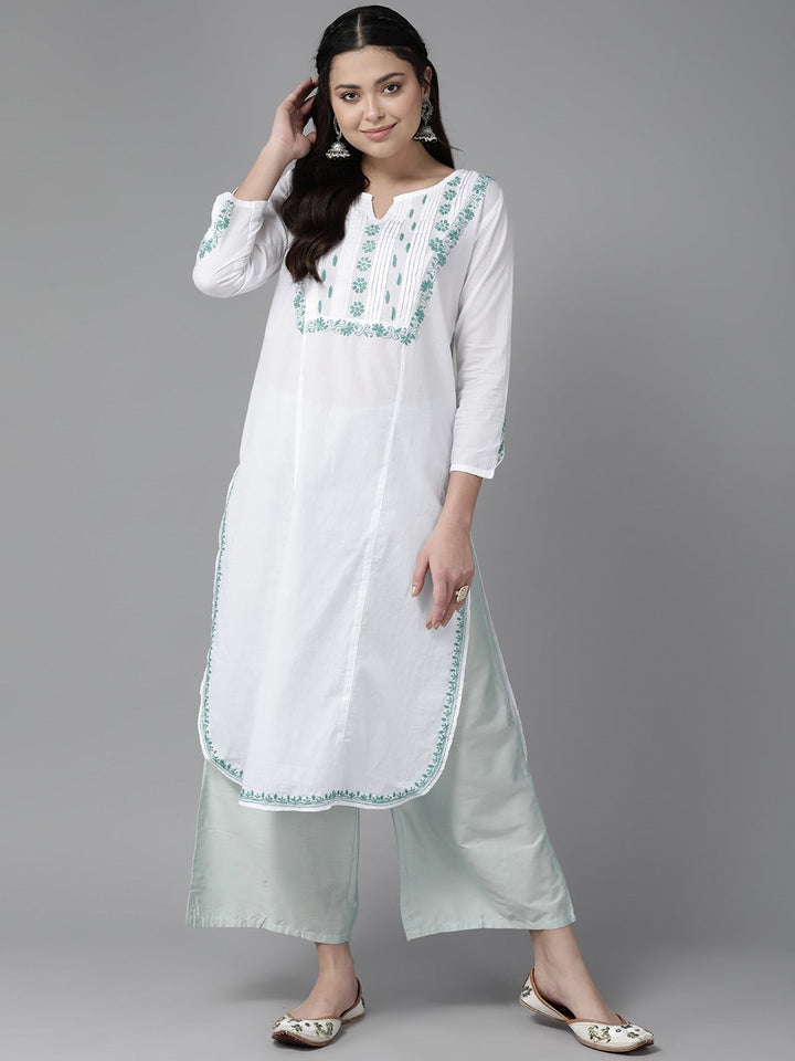 White & Green Cotton Ghaspatti Chikan Kurta