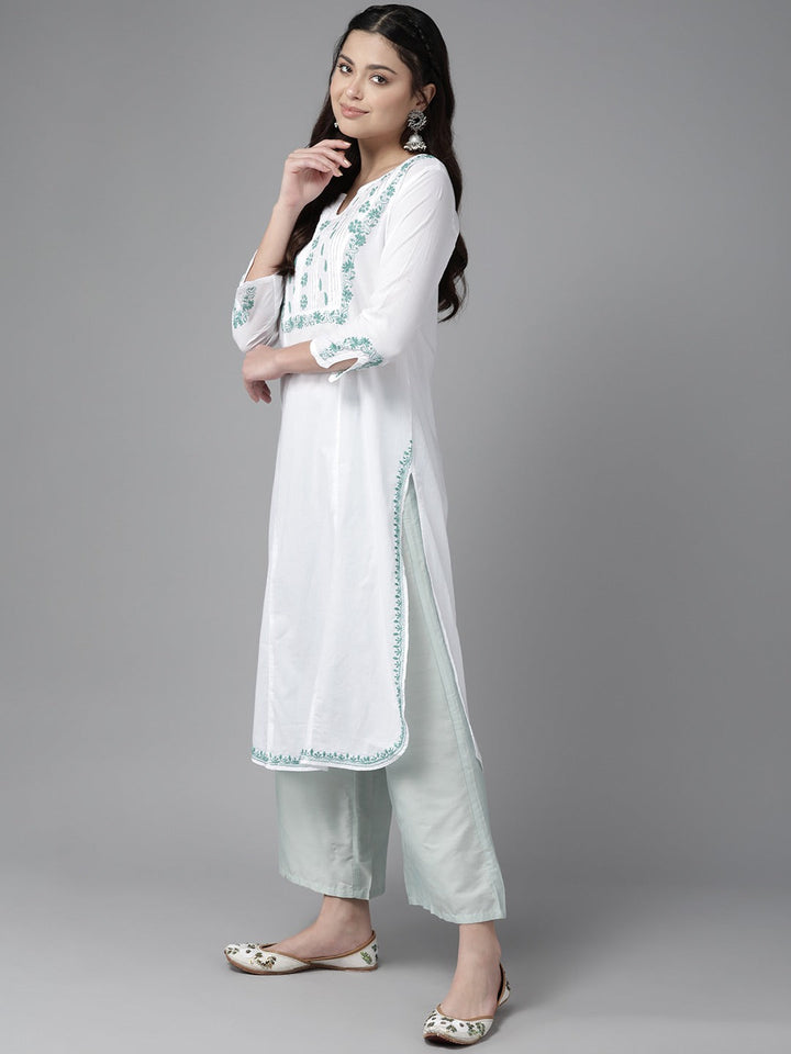 White & Green Cotton Ghaspatti Chikan Kurta