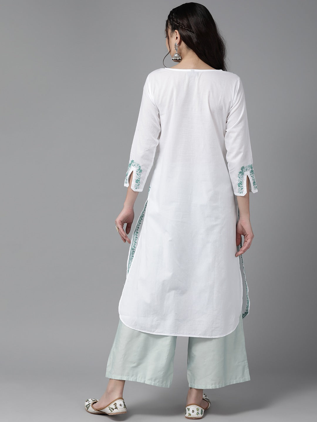 White & Green Cotton Ghaspatti Chikan Kurta