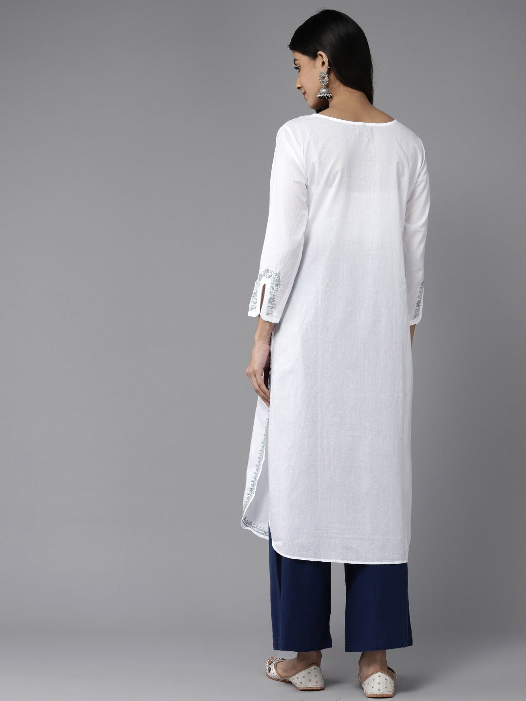 White & Grey Cotton Ghaspatti Chikan Kurta