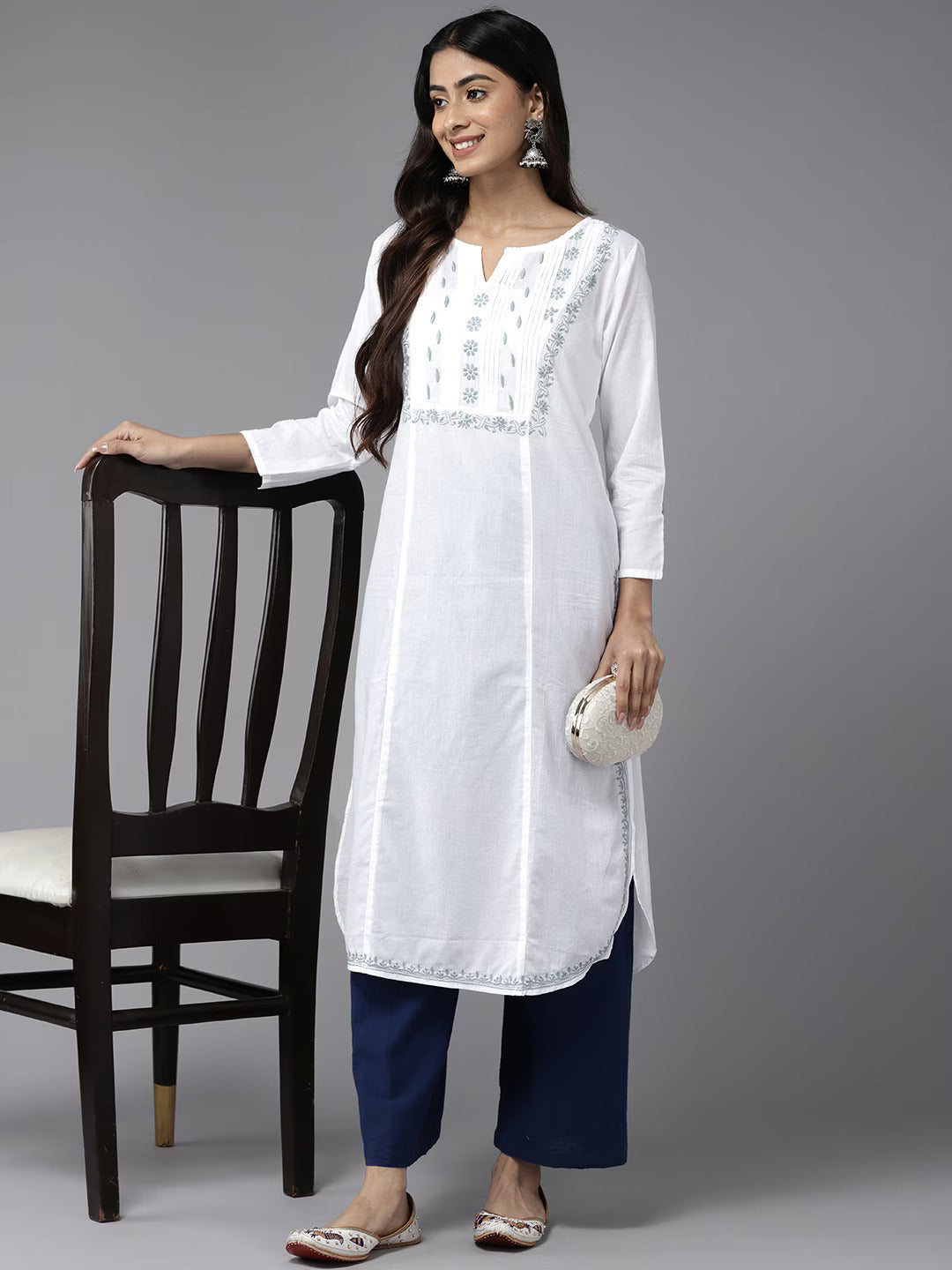 White & Grey Cotton Ghaspatti Chikan Kurta