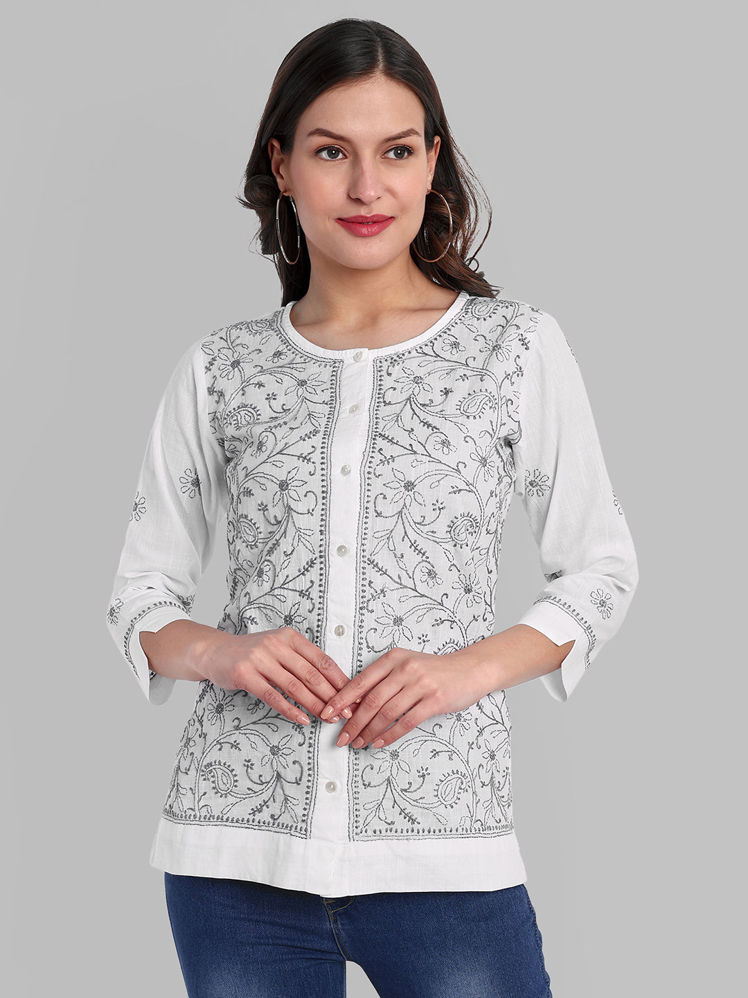 White & Grey Pure Cotton Chikankari Motif Shirt