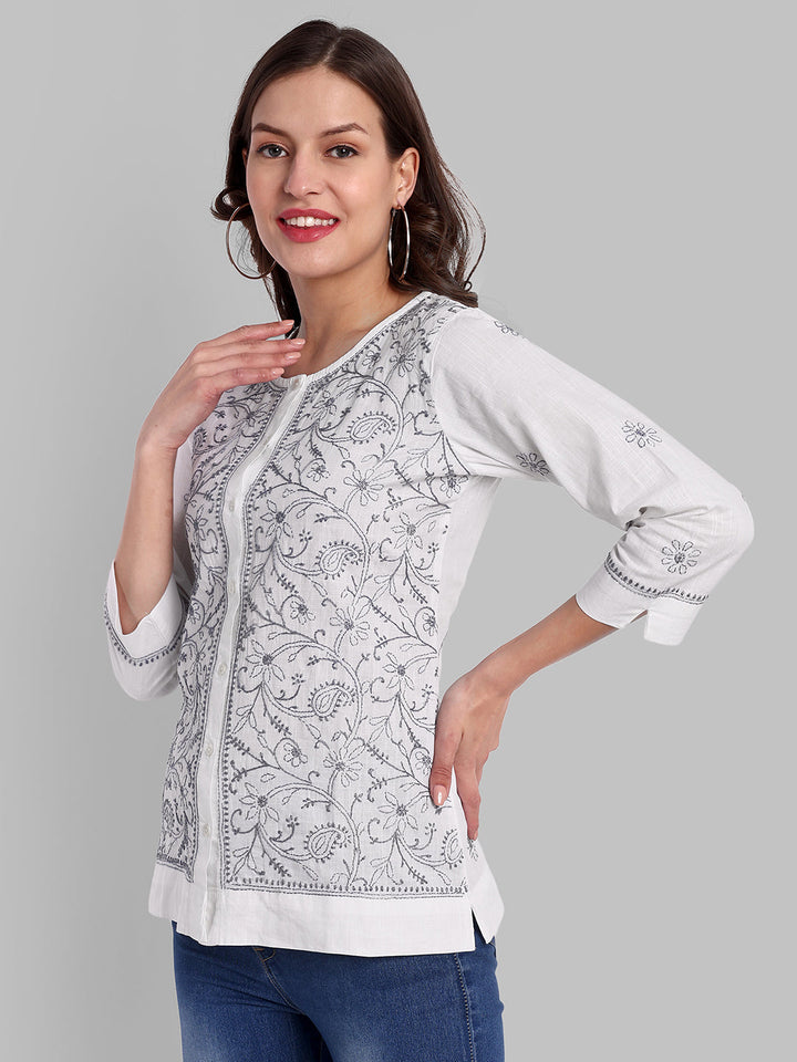 White & Grey Pure Cotton Chikankari Motif Shirt