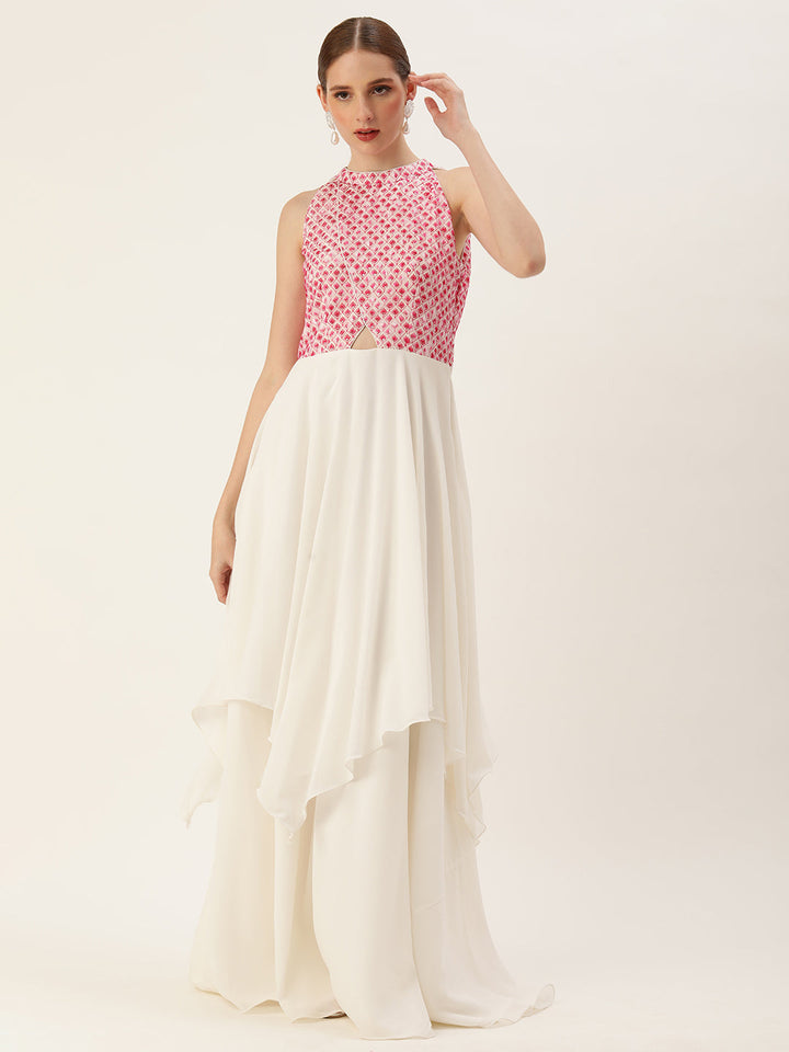 White & Pink Bodice Embroidered Halter Neck Gown